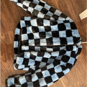 black and blue checkered fuzzy jacket
